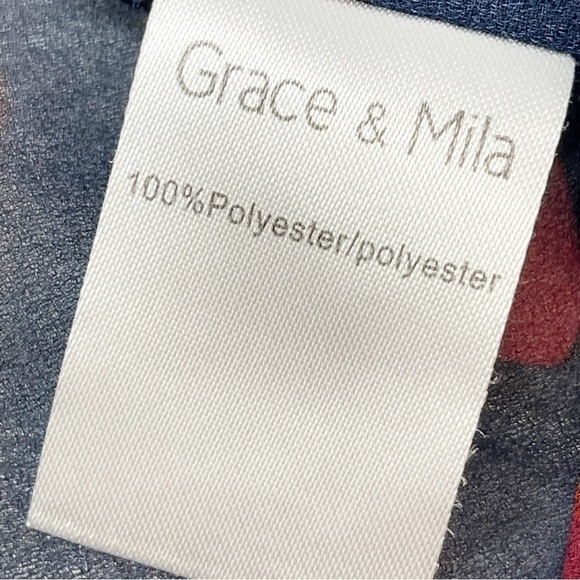 GRACE & MILA Women’s Navy Red Floral Chiffon Pleated Long Sleeve Blouse Size M - Picture 8 of 9